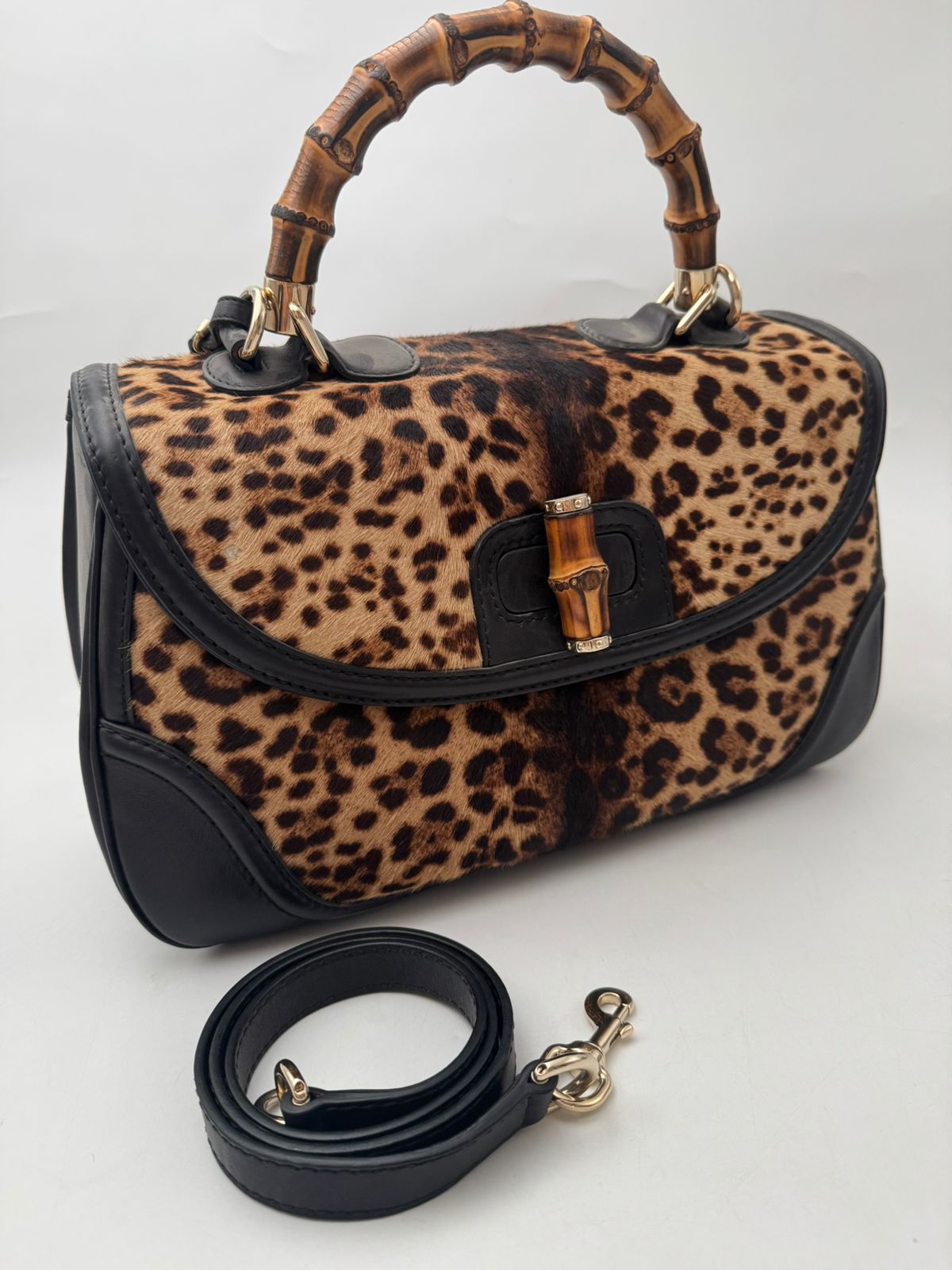 Gucci Bamboo Handle Leopard Print Calf Hair Bag – Medium Size