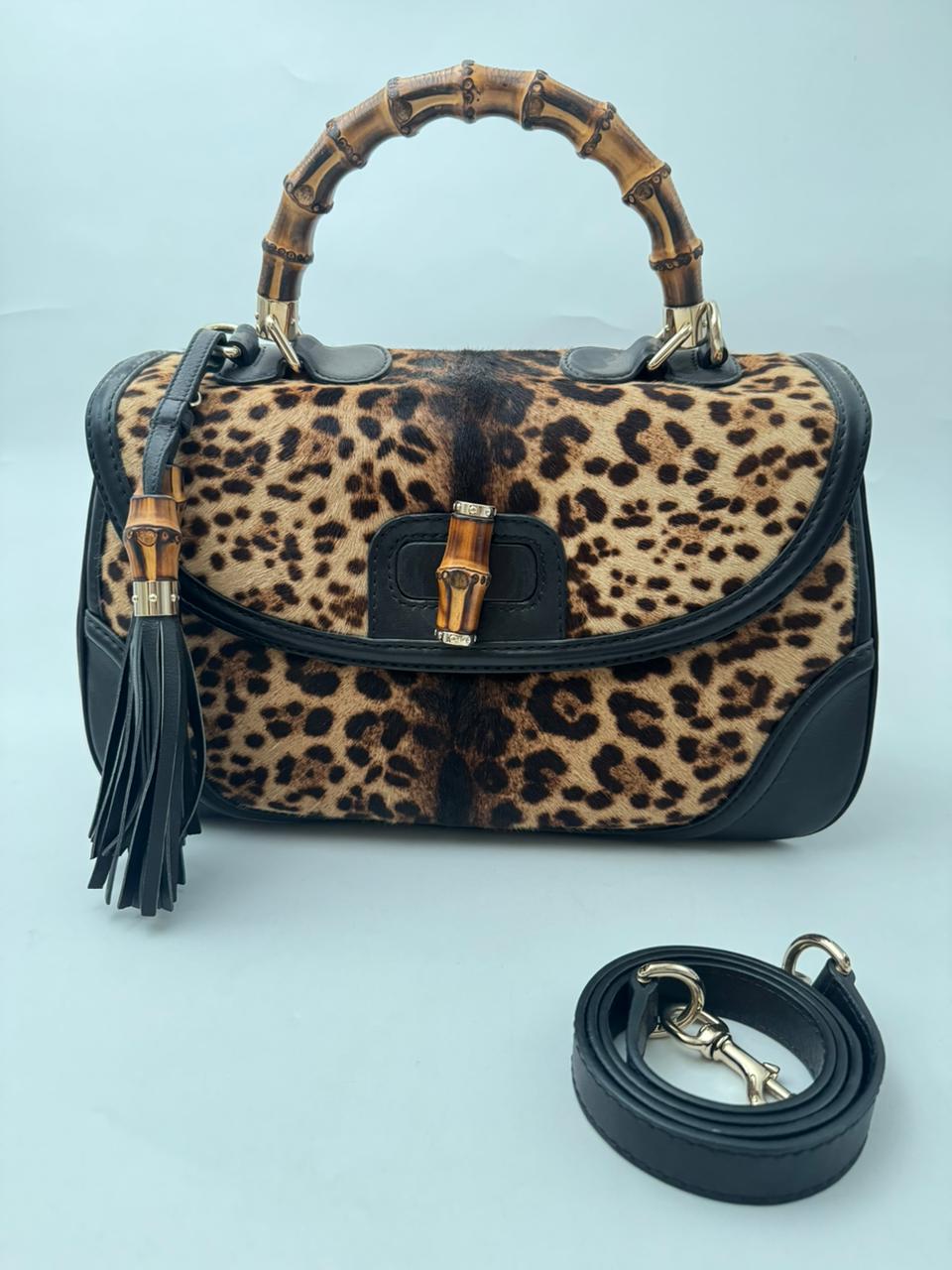 Gucci Bamboo Handle Leopard Print Calf Hair Bag – Medium Size