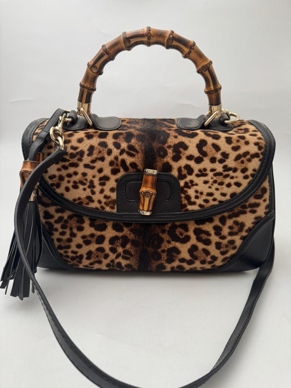 Gucci Bamboo Handle Leopard Print Calf Hair Bag – Medium Size