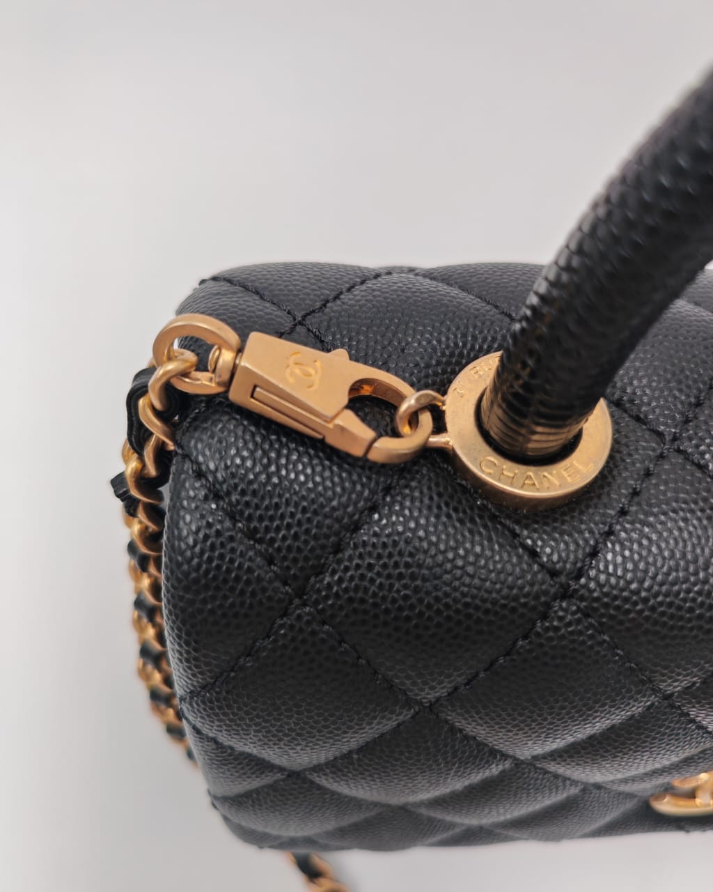 CHANEL Coco Handle Small Flap Bag in Black Caviar Leather with Gold Hardware