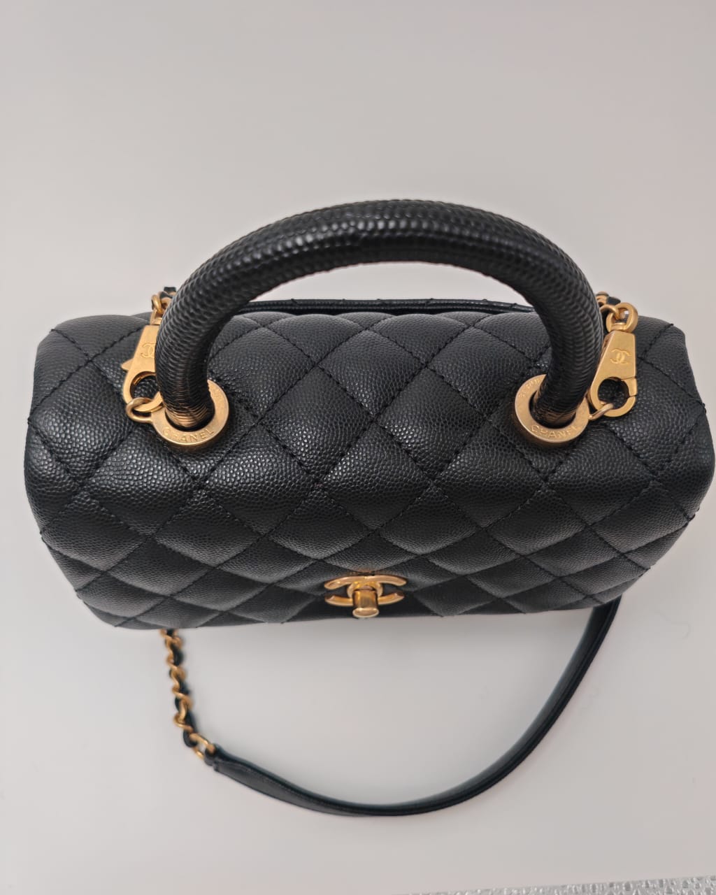 CHANEL Coco Handle Small Flap Bag in Black Caviar Leather with Gold Hardware