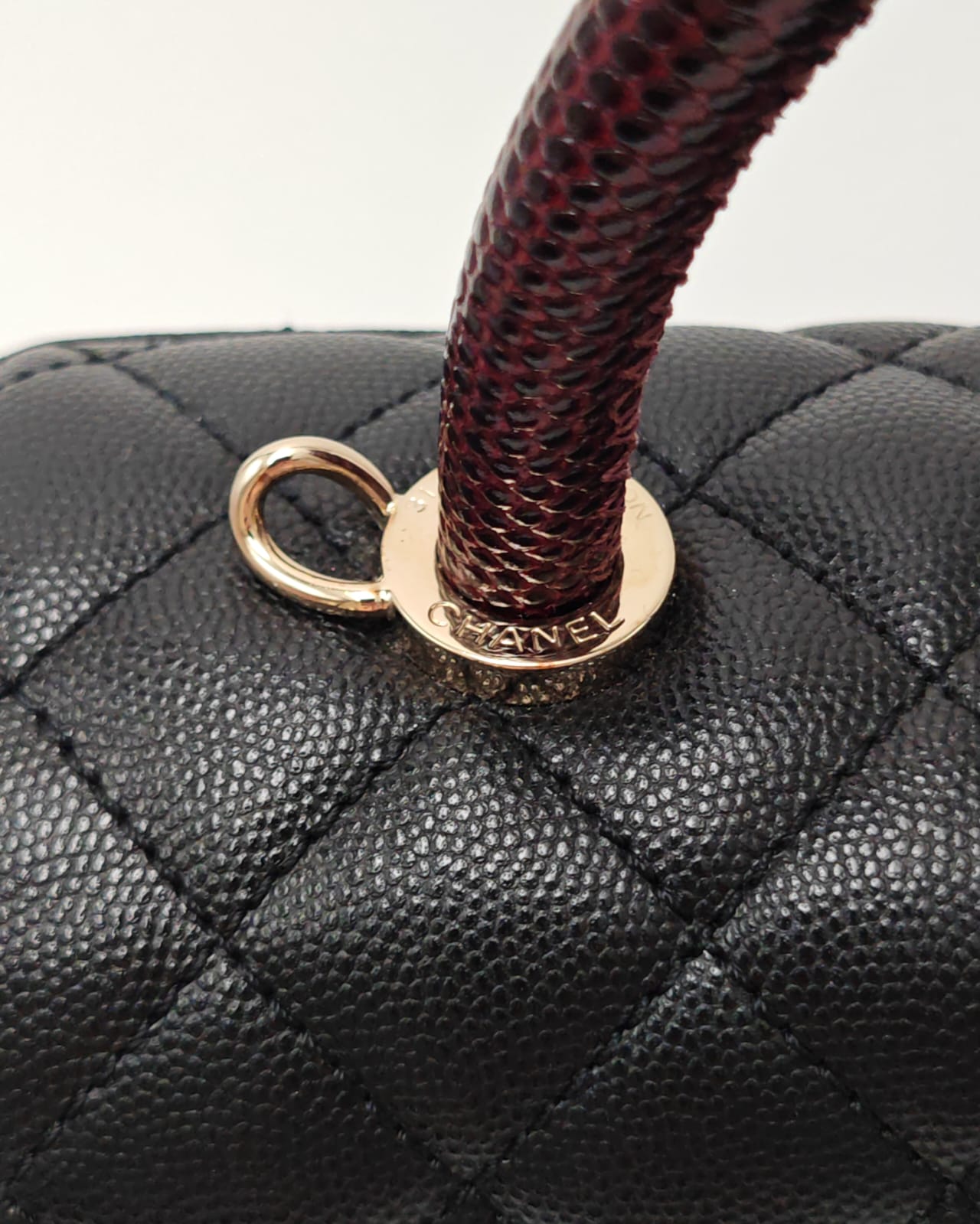 CHANEL Coco Handle Quilted Caviar Flap Bag with Burgundy Top Handle – Black / Gold Hardware
