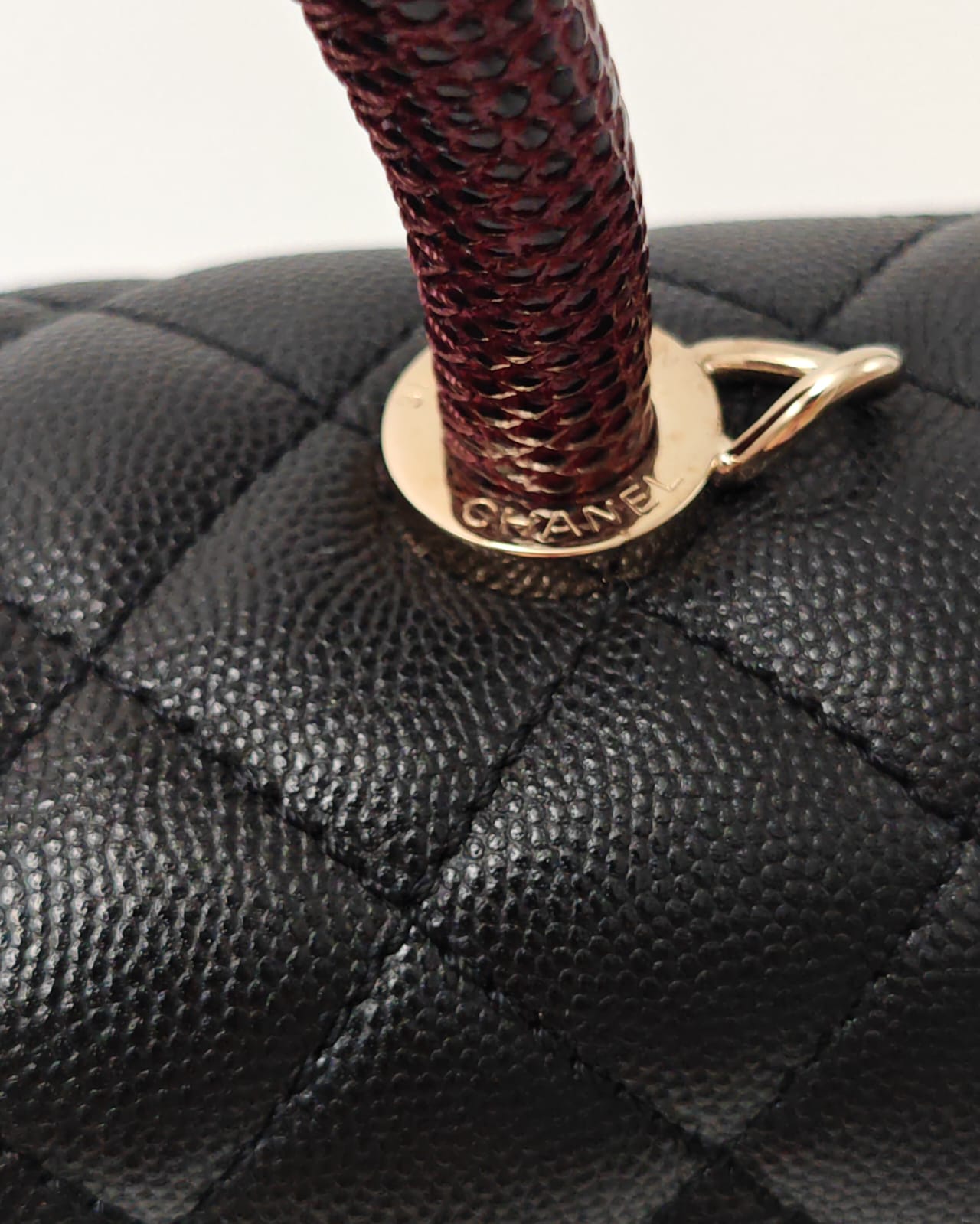 CHANEL Coco Handle Quilted Caviar Flap Bag with Burgundy Top Handle – Black / Gold Hardware