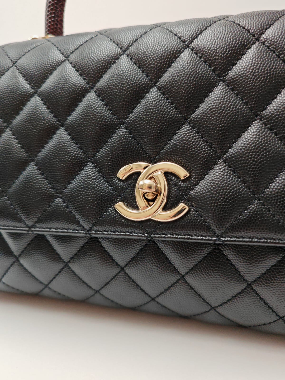 CHANEL Coco Handle Quilted Caviar Flap Bag with Burgundy Top Handle – Black / Gold Hardware