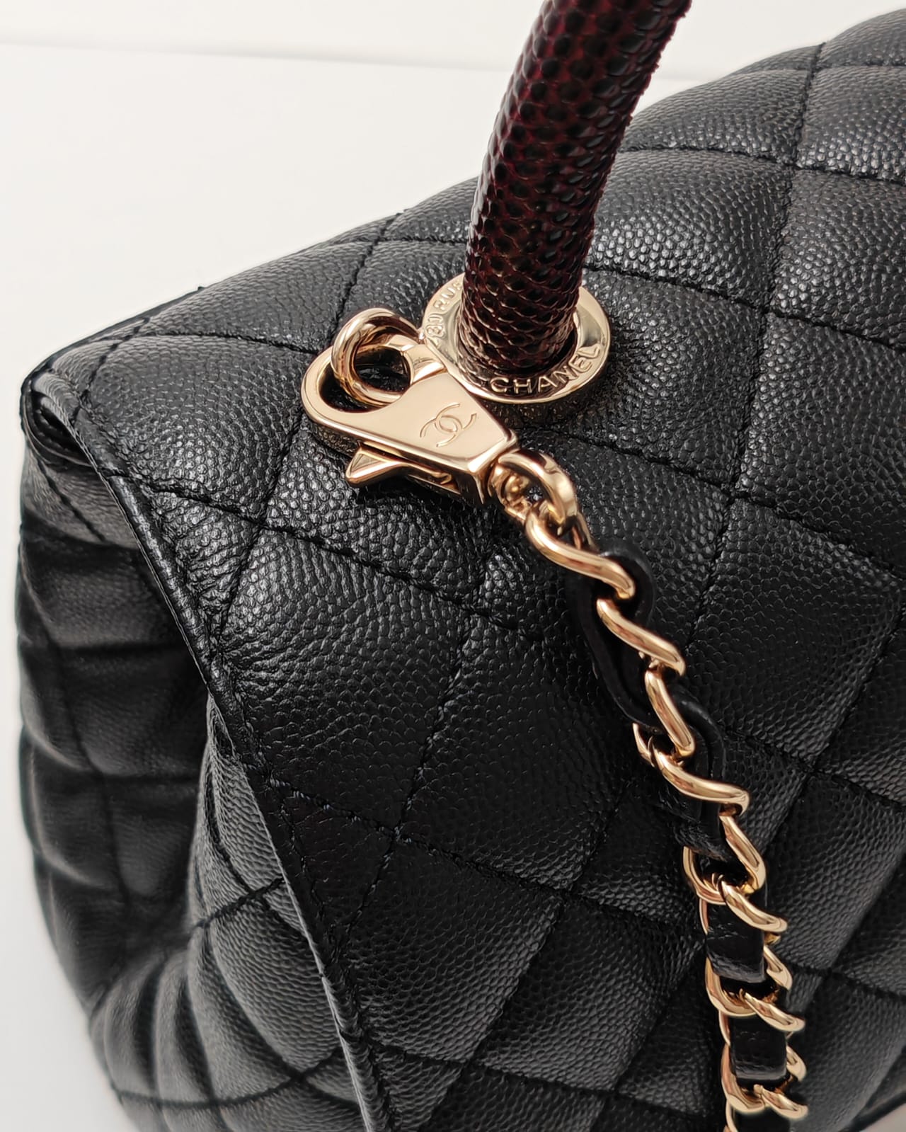 CHANEL Coco Handle Quilted Caviar Flap Bag with Burgundy Top Handle – Black / Gold Hardware