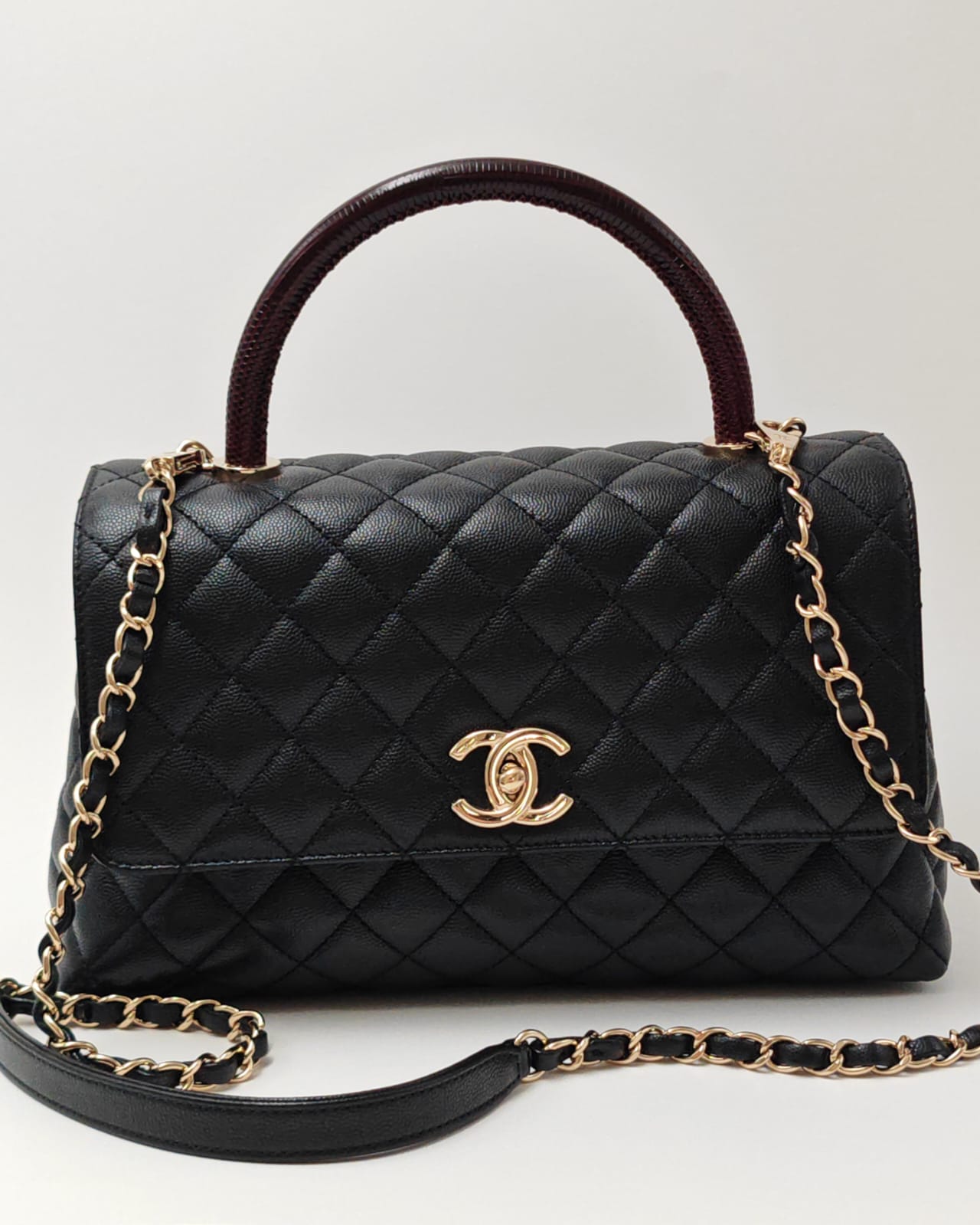 CHANEL Coco Handle Quilted Caviar Flap Bag with Burgundy Top Handle – Black / Gold Hardware