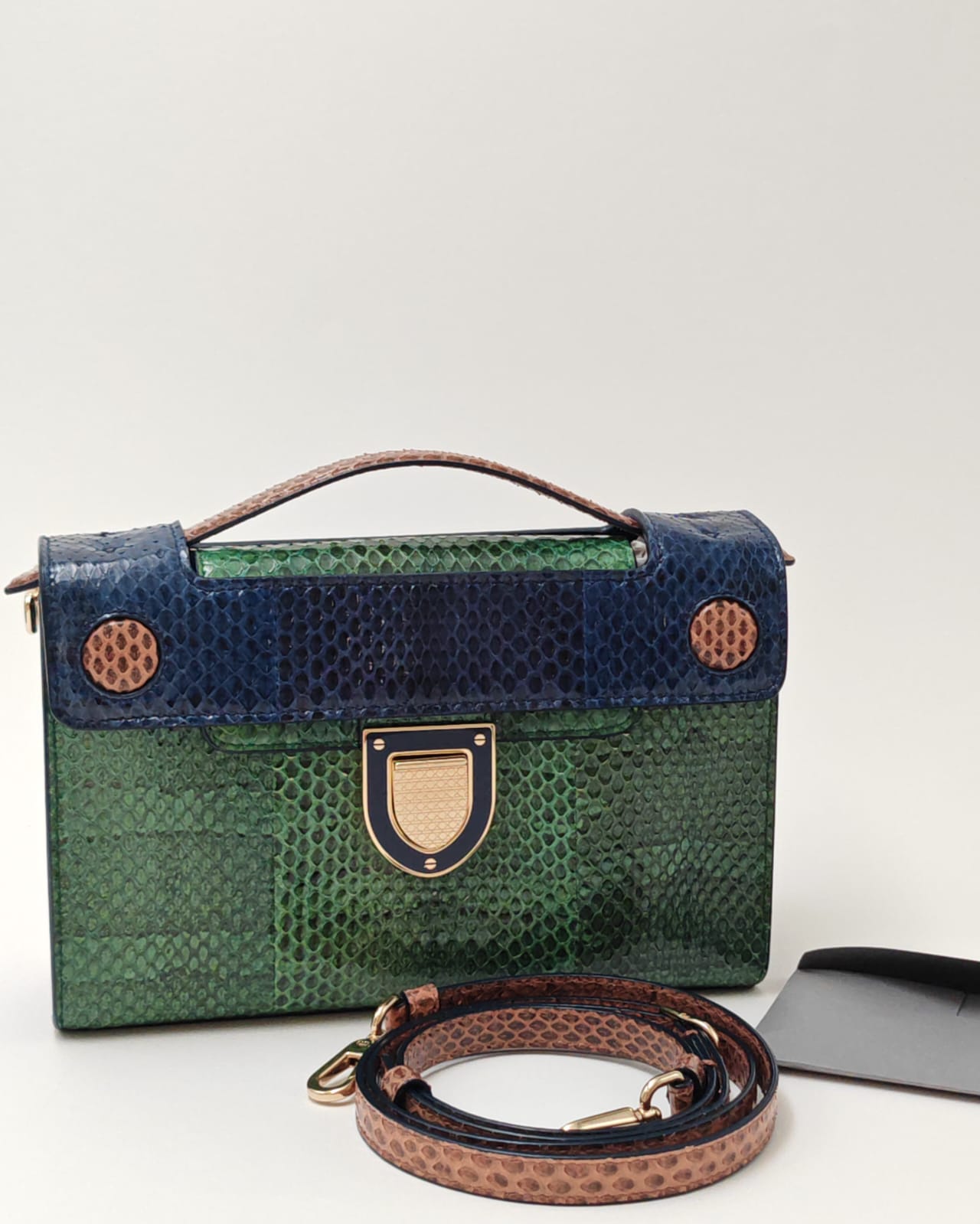 Christian Dior Exotic Python-Embossed Structured Bag in Emerald & Midnight Blue