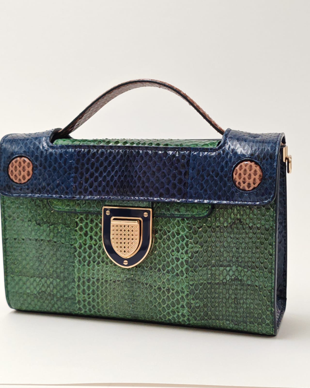 Christian Dior Exotic Python-Embossed Structured Bag in Emerald & Midnight Blue