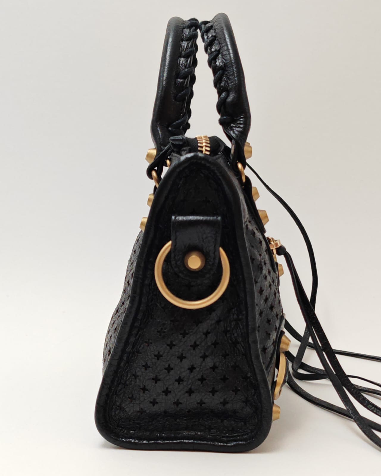 Balenciaga Classic City Mini Tote in Black Laser-Cut Leather with Gold Hardware
