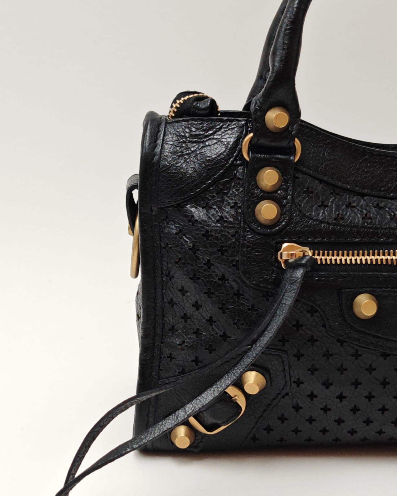 Balenciaga Classic City Mini Tote in Black Laser-Cut Leather with Gold Hardware