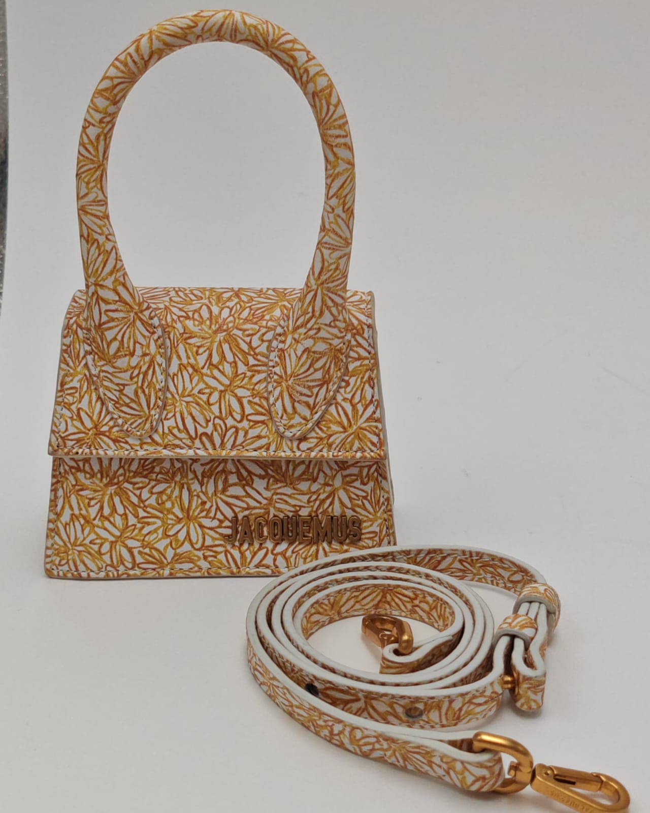 Jacquemus Le Chiquito Mini Top Handle Bag in Mustard Floral Canvas