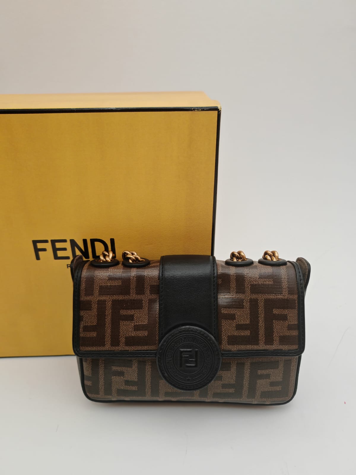 Fendi Kan U Small FF Canvas Shoulder Bag with Chain Strap