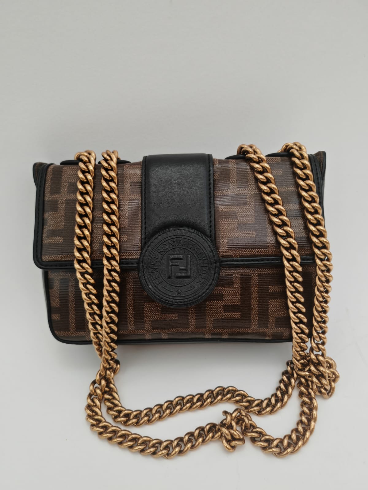 Fendi Kan U Small FF Canvas Shoulder Bag with Chain Strap