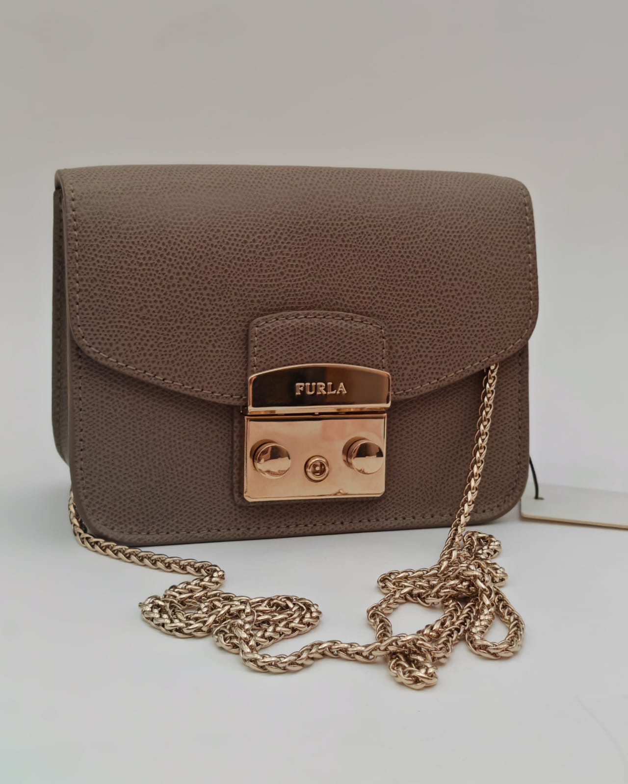 FURLA Metropolis Mini Crossbody Bag in Taupe Textured Leather-Brand New