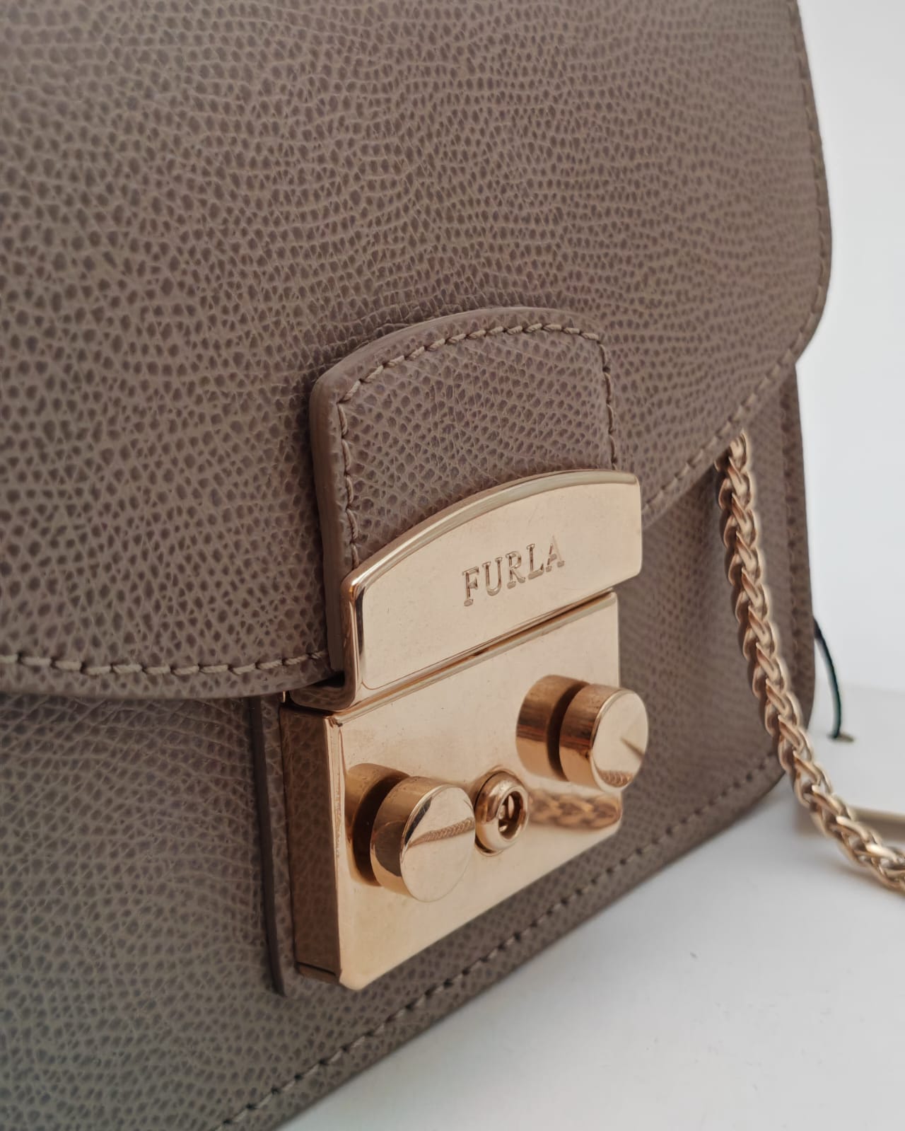 FURLA Metropolis Mini Crossbody Bag in Taupe Textured Leather-Brand New
