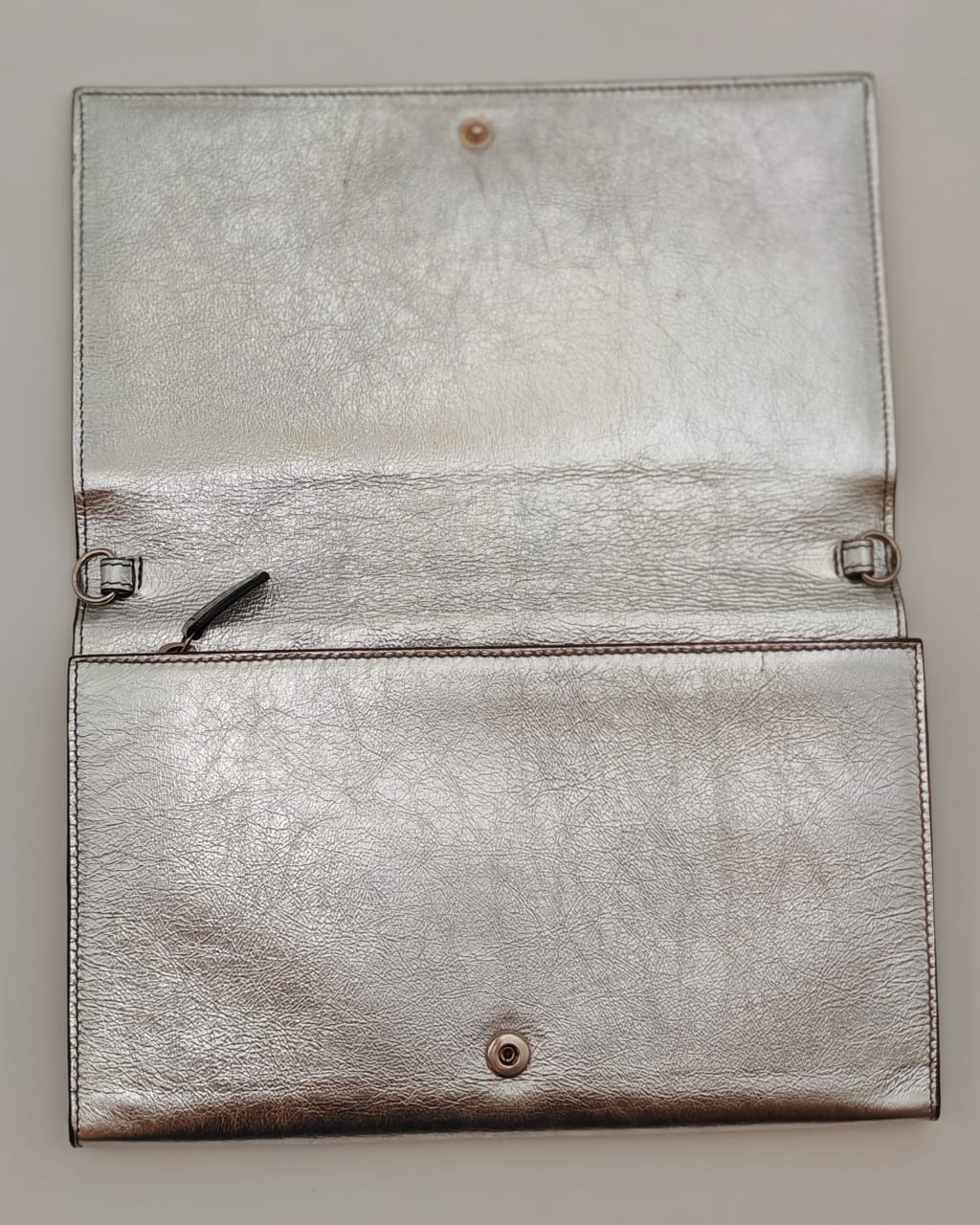 Saint Laurent Metallic Silver Crinkled Leather Monogram Chain Wallet