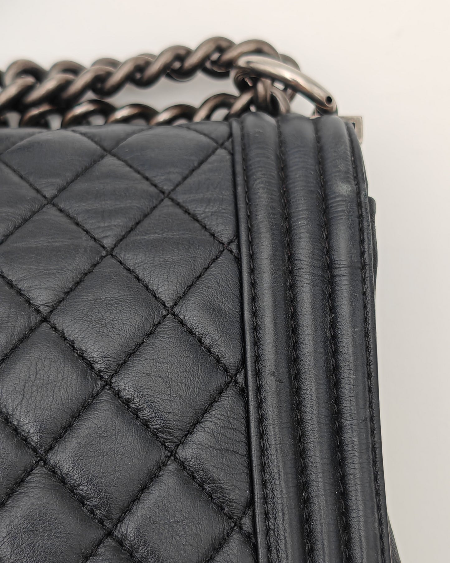Chanel Boy Bag Large in Navy Quilted Calfskin with Ruthenium Hardware.