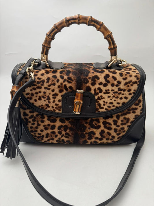 Gucci Bamboo Handle Leopard Print Calf Hair Bag – Medium Size