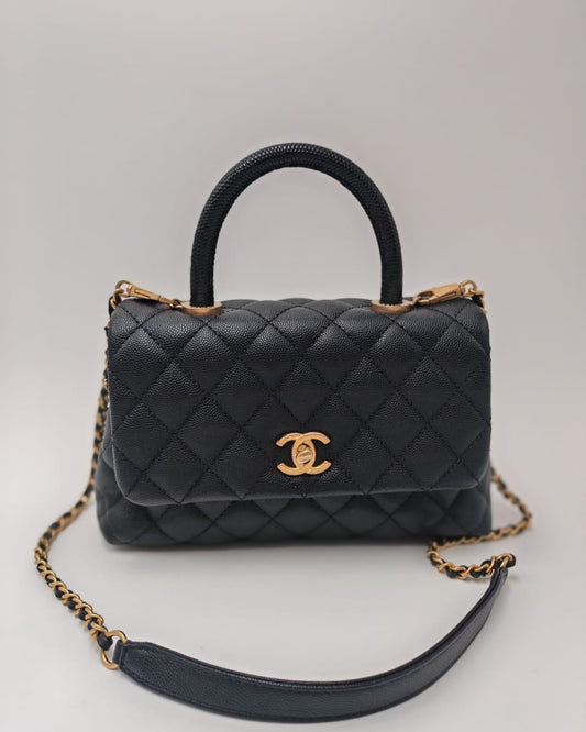 CHANEL Coco Handle Small Flap Bag in Black Caviar Leather with Gold Hardware