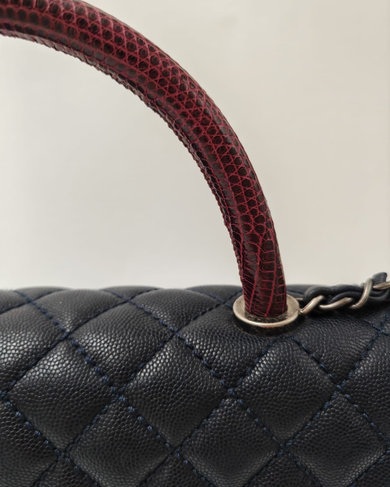 Chanel Coco Handle Bag – Navy Blue Caviar with Burgundy Python Top Handle – Medium Size