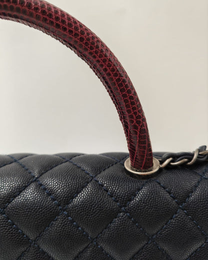 Chanel Coco Handle Bag – Navy Blue Caviar with Burgundy Python Top Handle – Medium Size