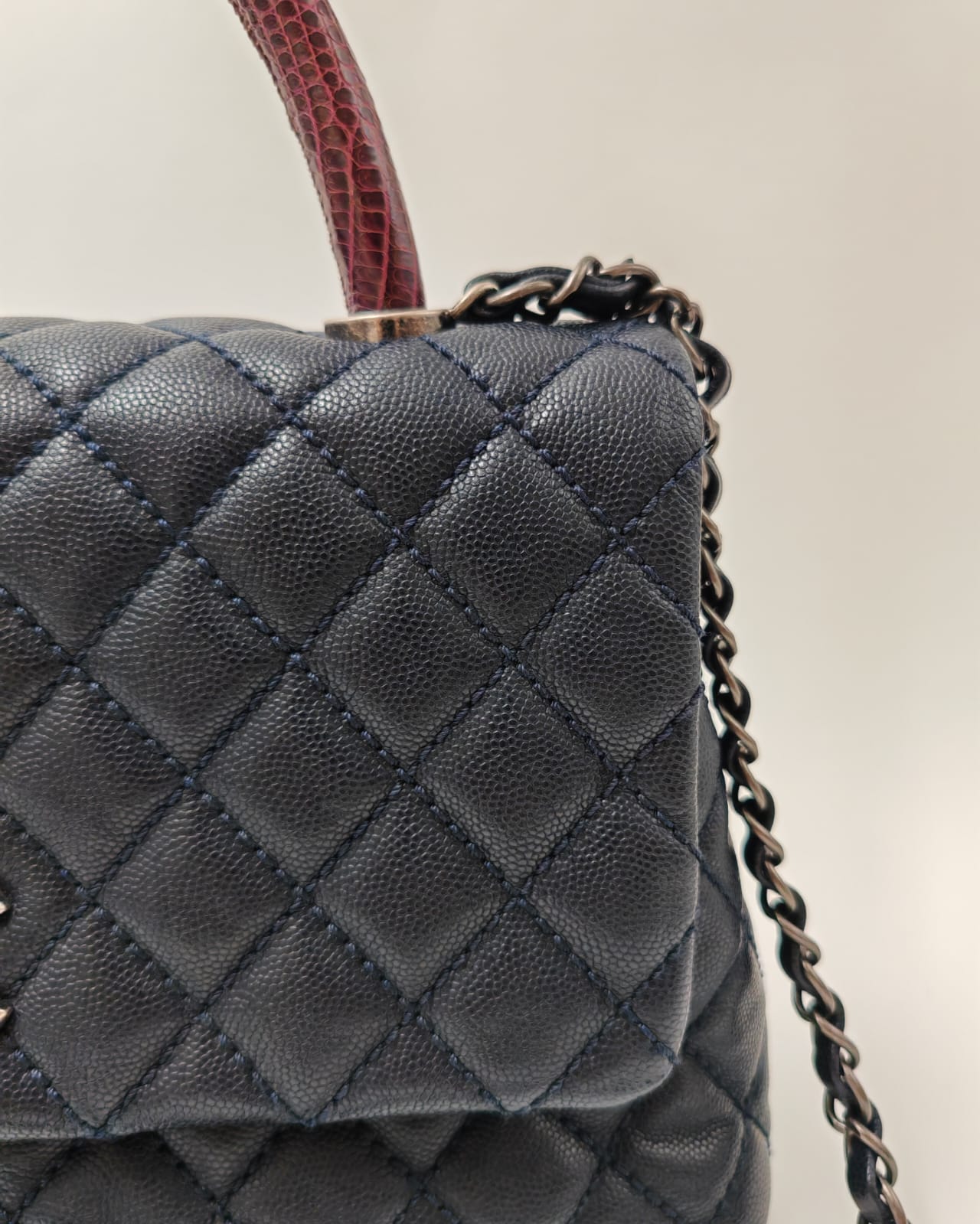 Chanel Coco Handle Bag – Navy Blue Caviar with Burgundy Python Top Handle – Medium Size