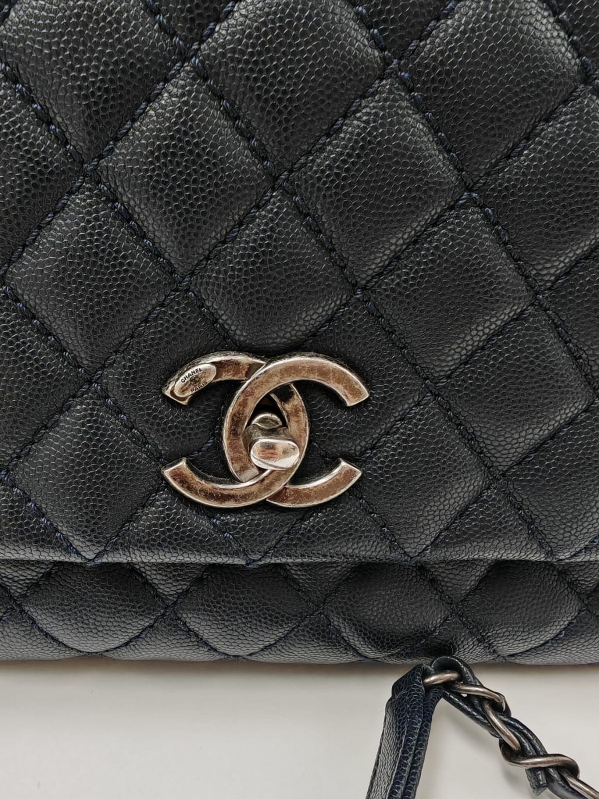 Chanel Coco Handle Bag – Navy Blue Caviar with Burgundy Python Top Handle – Medium Size