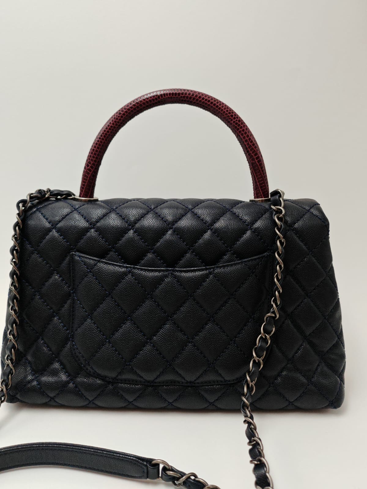 Chanel Coco Handle Bag – Navy Blue Caviar with Burgundy Python Top Handle – Medium Size