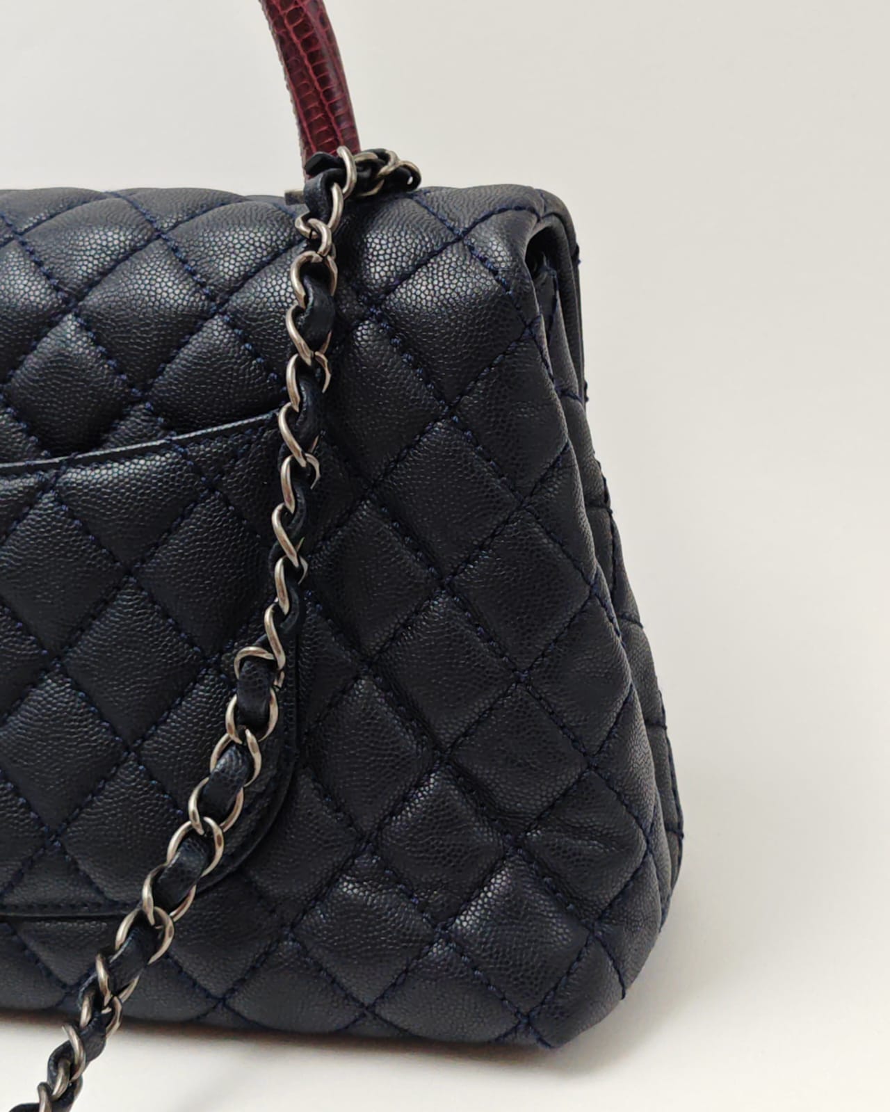 Chanel Coco Handle Bag – Navy Blue Caviar with Burgundy Python Top Handle – Medium Size