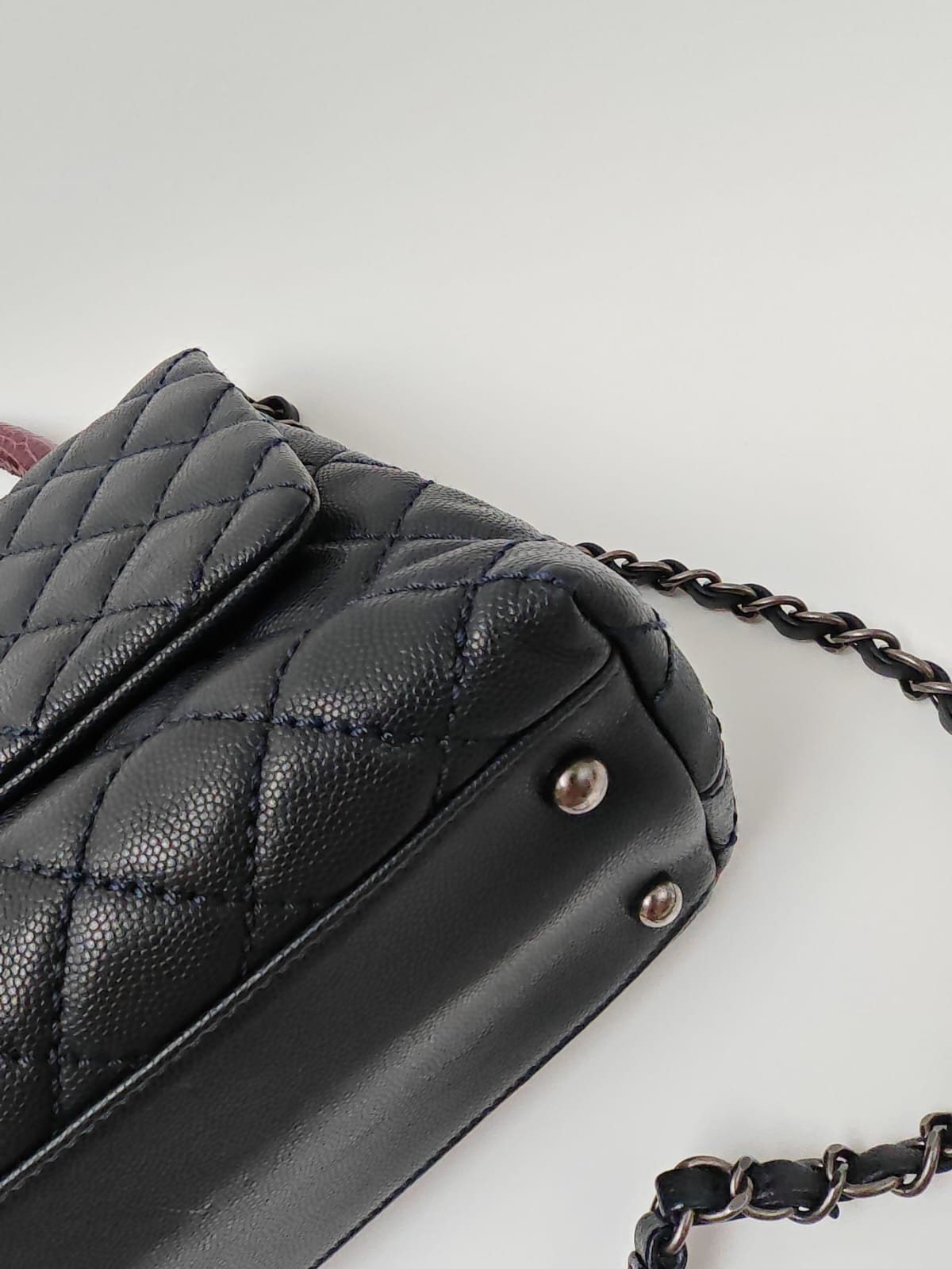 Chanel Coco Handle Bag – Navy Blue Caviar with Burgundy Python Top Handle – Medium Size