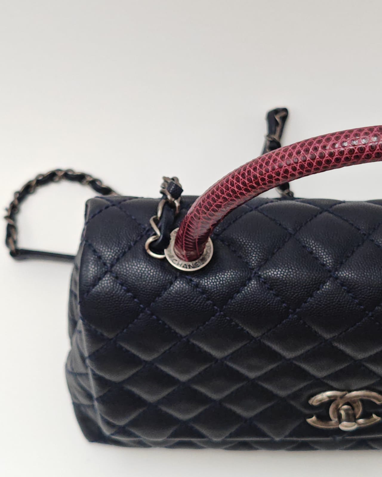 Chanel Coco Handle Bag – Navy Blue Caviar with Burgundy Python Top Handle – Medium Size