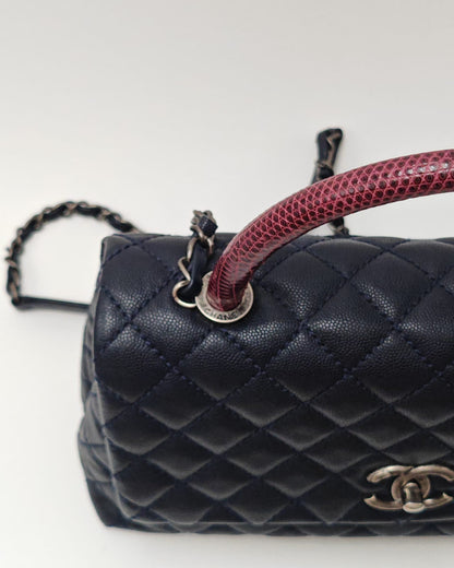 Chanel Coco Handle Bag – Navy Blue Caviar with Burgundy Python Top Handle – Medium Size