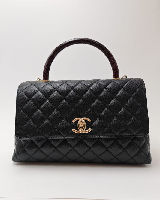 CHANEL Coco Handle Quilted Caviar Flap Bag with Burgundy Top Handle – Black / Gold Hardware