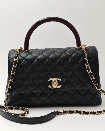 CHANEL Coco Handle Quilted Caviar Flap Bag with Burgundy Top Handle – Black / Gold Hardware