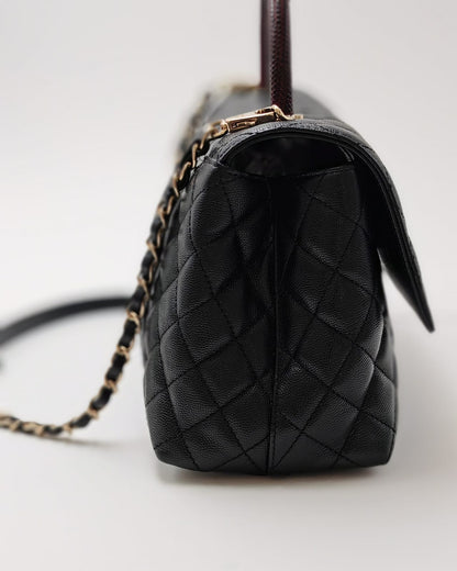 CHANEL Coco Handle Quilted Caviar Flap Bag with Burgundy Top Handle – Black / Gold Hardware
