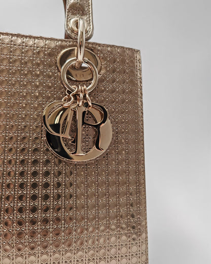 Christian Dior Lady Dior Medium Tote in Metallic Rose Gold Microcannage Patent Leather