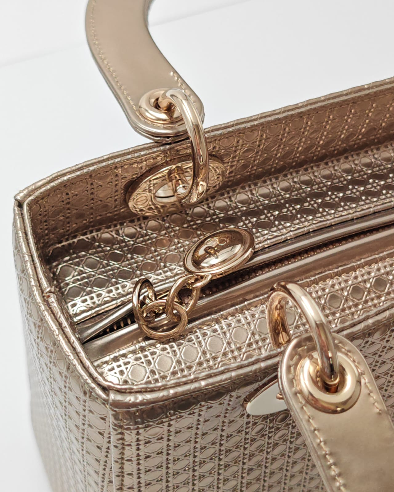 Christian Dior Lady Dior Medium Tote in Metallic Rose Gold Microcannage Patent Leather