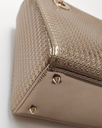 Christian Dior Lady Dior Medium Tote in Metallic Rose Gold Microcannage Patent Leather