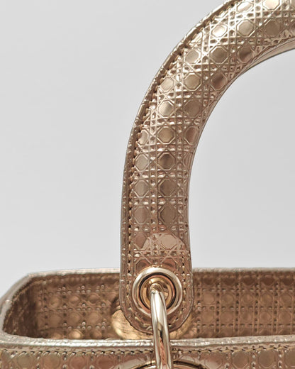 Christian Dior Lady Dior Medium Tote in Metallic Rose Gold Microcannage Patent Leather