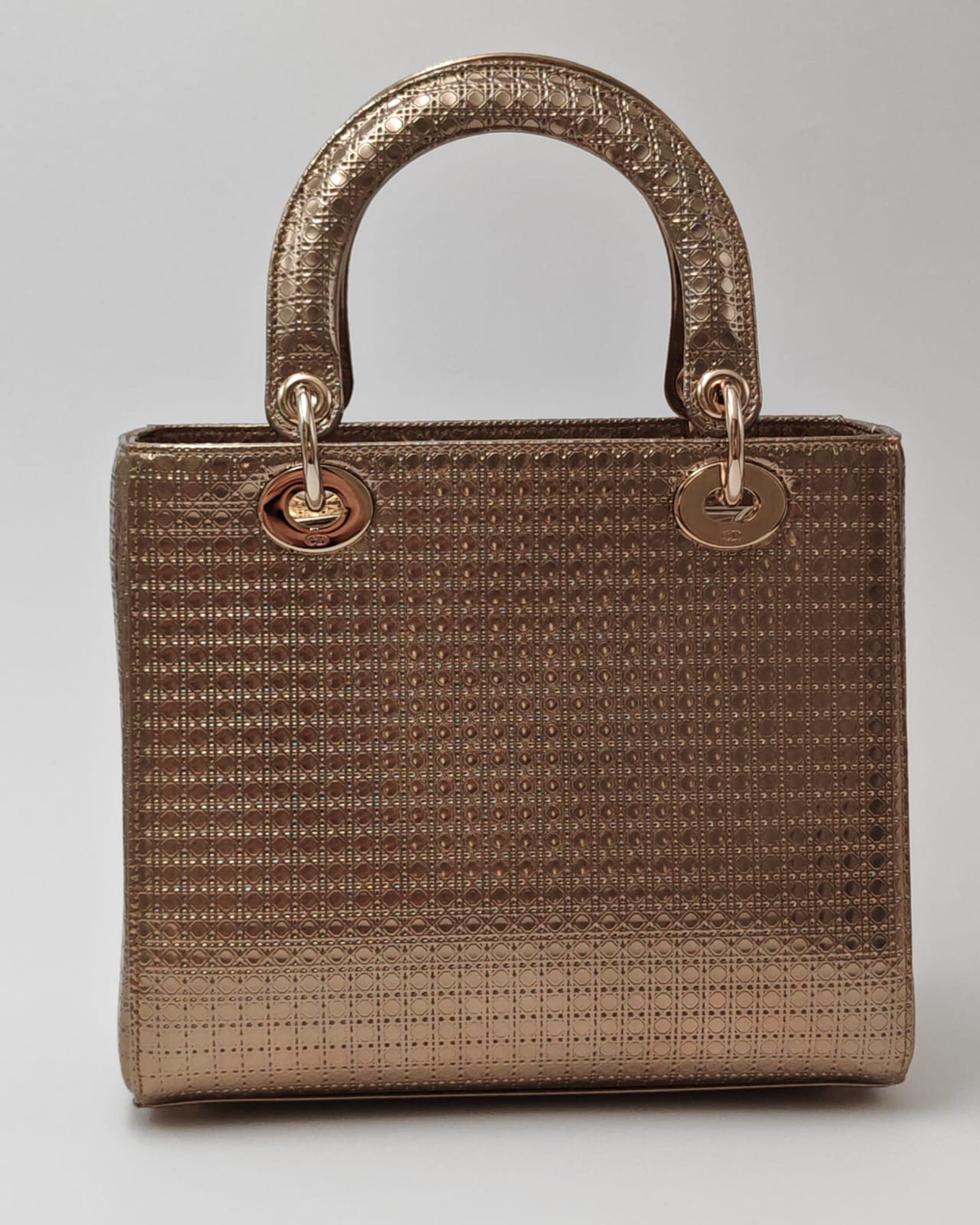 Christian Dior Lady Dior Medium Tote in Metallic Rose Gold Microcannage Patent Leather