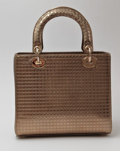 Christian Dior Lady Dior Medium Tote in Metallic Rose Gold Microcannage Patent Leather
