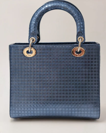 Christian Dior Lady Dior Medium Tote with Matching Wallet – Metallic Blue Micro Cannage Lambskin