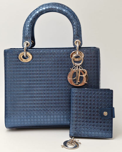 Christian Dior Lady Dior Medium Tote with Matching Wallet – Metallic Blue Micro Cannage Lambskin