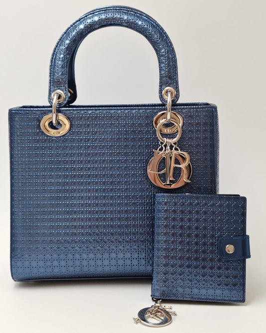Christian Dior Lady Dior Medium Tote with Matching Wallet – Metallic Blue Micro Cannage Lambskin