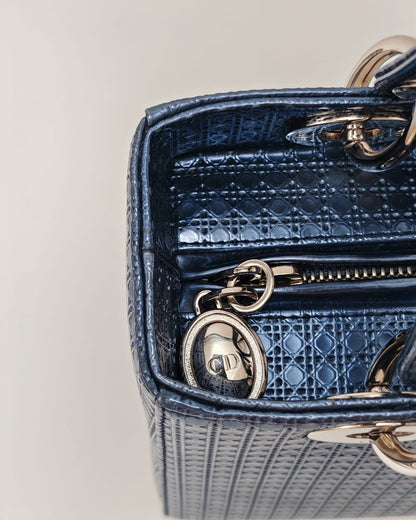 Christian Dior Lady Dior Medium Tote with Matching Wallet – Metallic Blue Micro Cannage Lambskin