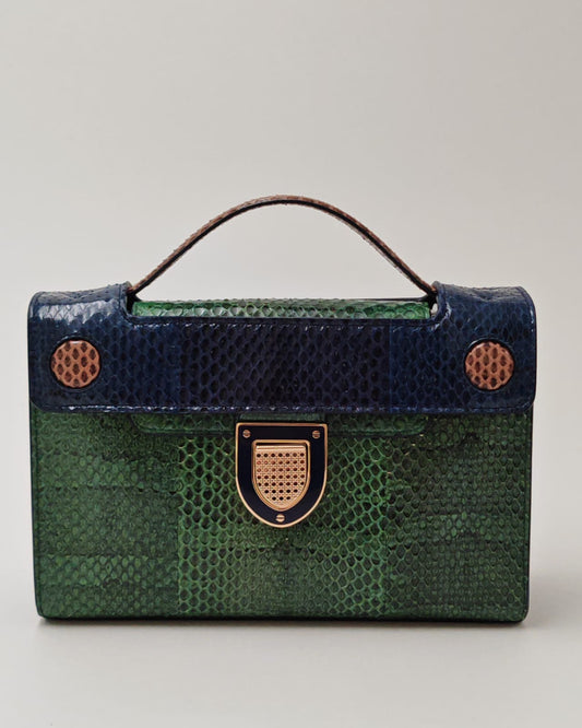 Christian Dior Exotic Python-Embossed Structured Bag in Emerald & Midnight Blue