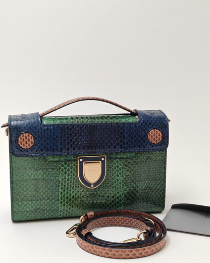 Christian Dior Exotic Python-Embossed Structured Bag in Emerald & Midnight Blue