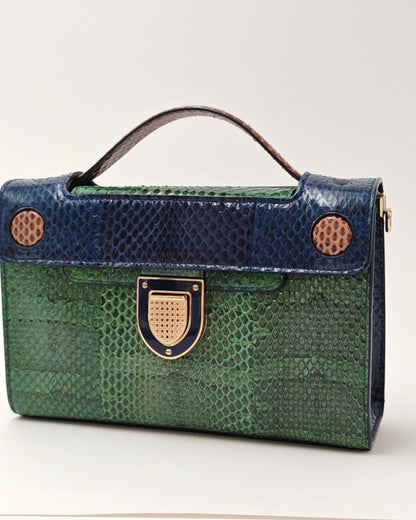 Christian Dior Exotic Python-Embossed Structured Bag in Emerald & Midnight Blue