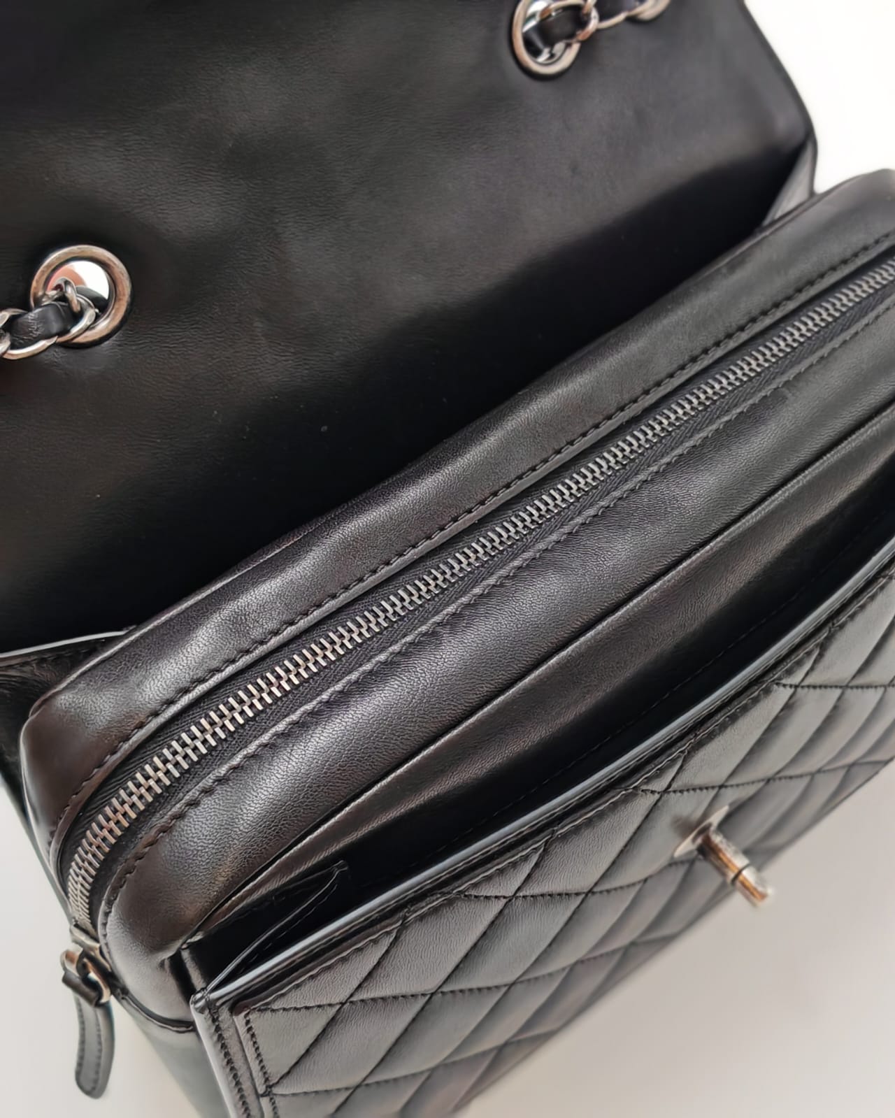 Chanel Classic Double Flap Bag – Black Calfskin with Aged Silver & Black-Tone Hardware