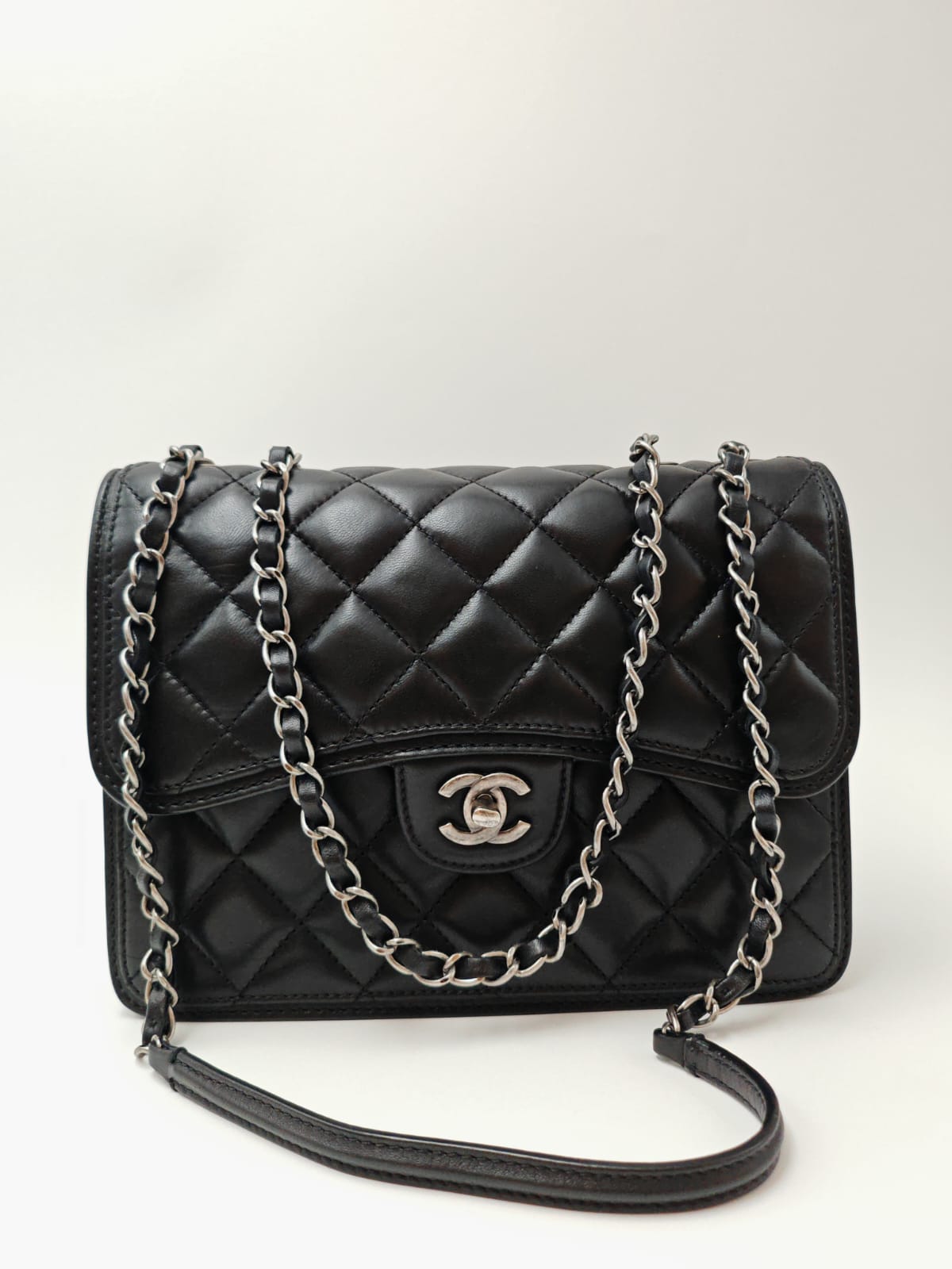 Chanel Classic Double Flap Bag – Black Calfskin with Aged Silver & Black-Tone Hardware